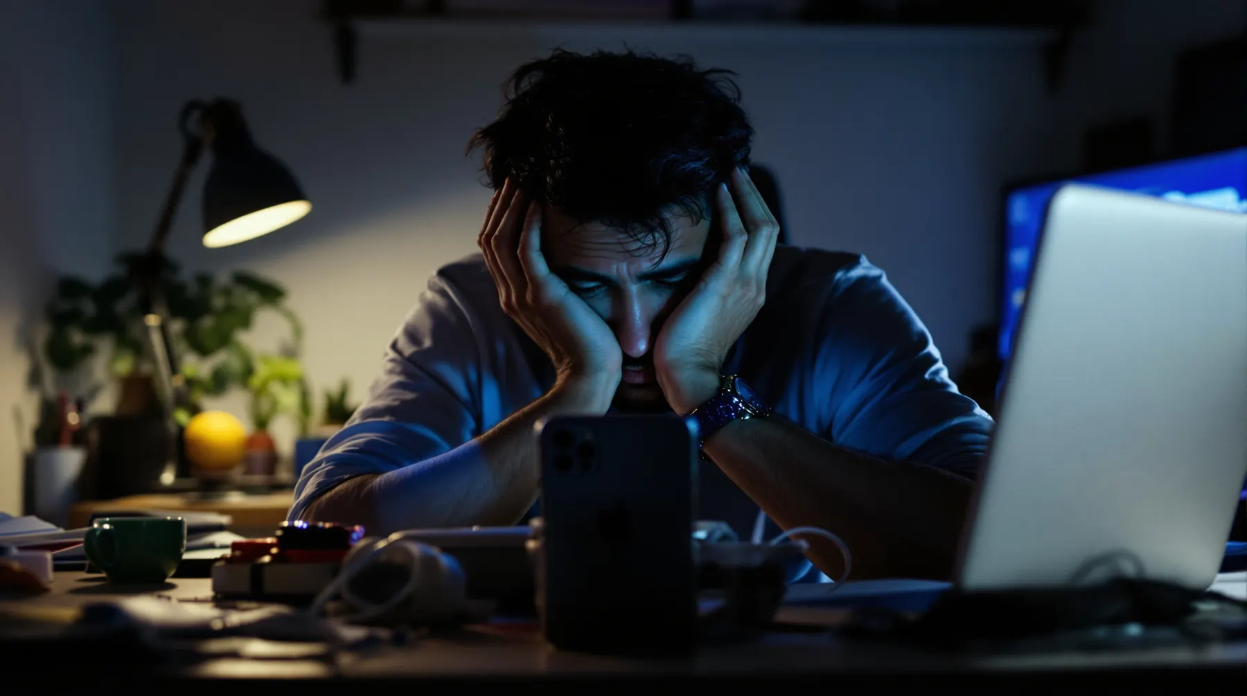 Homem em home office de madrugada com a cabeça entre as mãos diante do computador