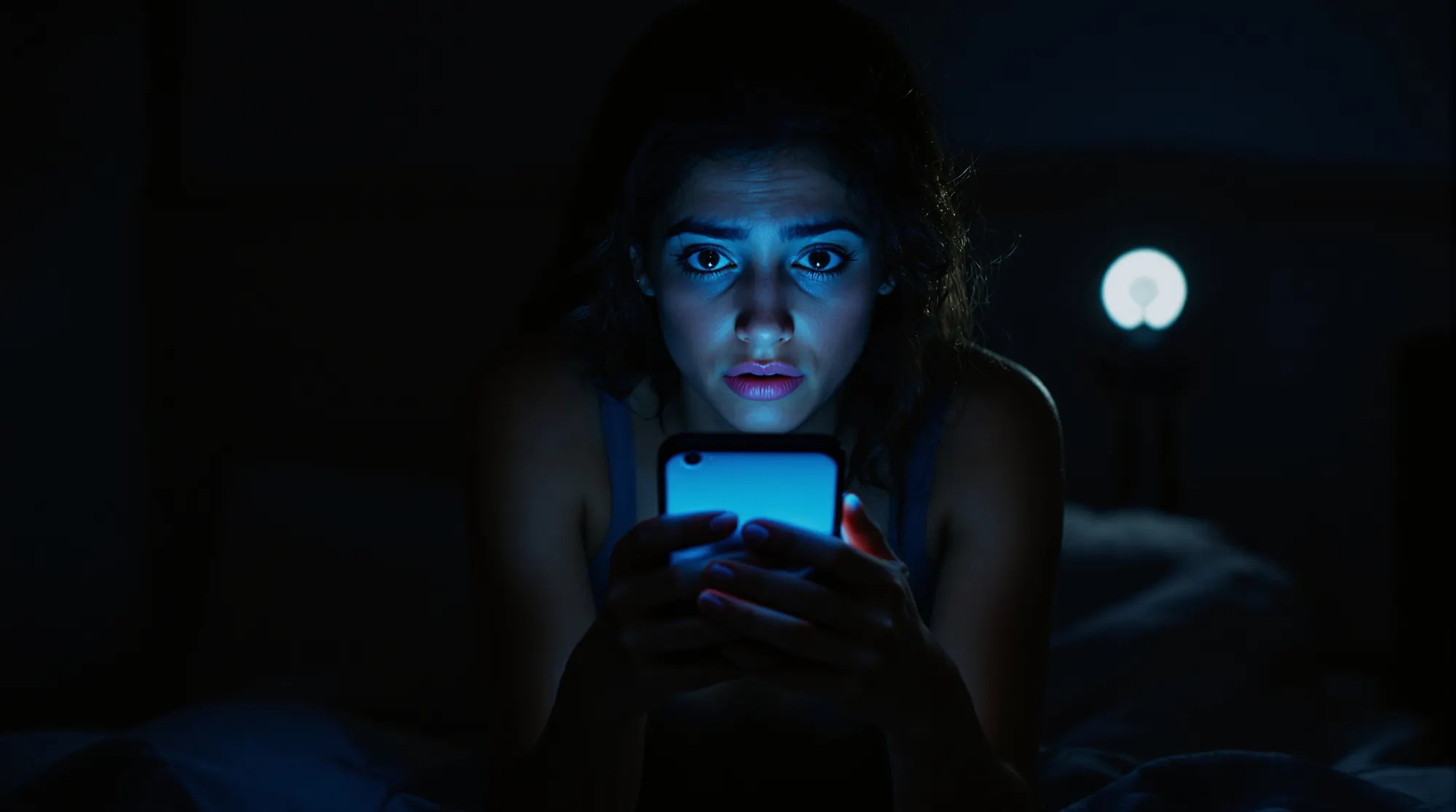 Mulher segurando o celular na cama, de madrugada, com a expressão preocupada