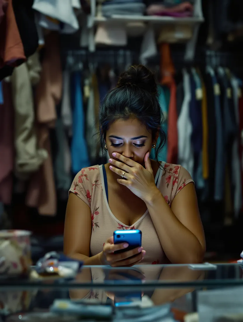 Lojista atrás do balcão olhando o celular com a mão na boca
