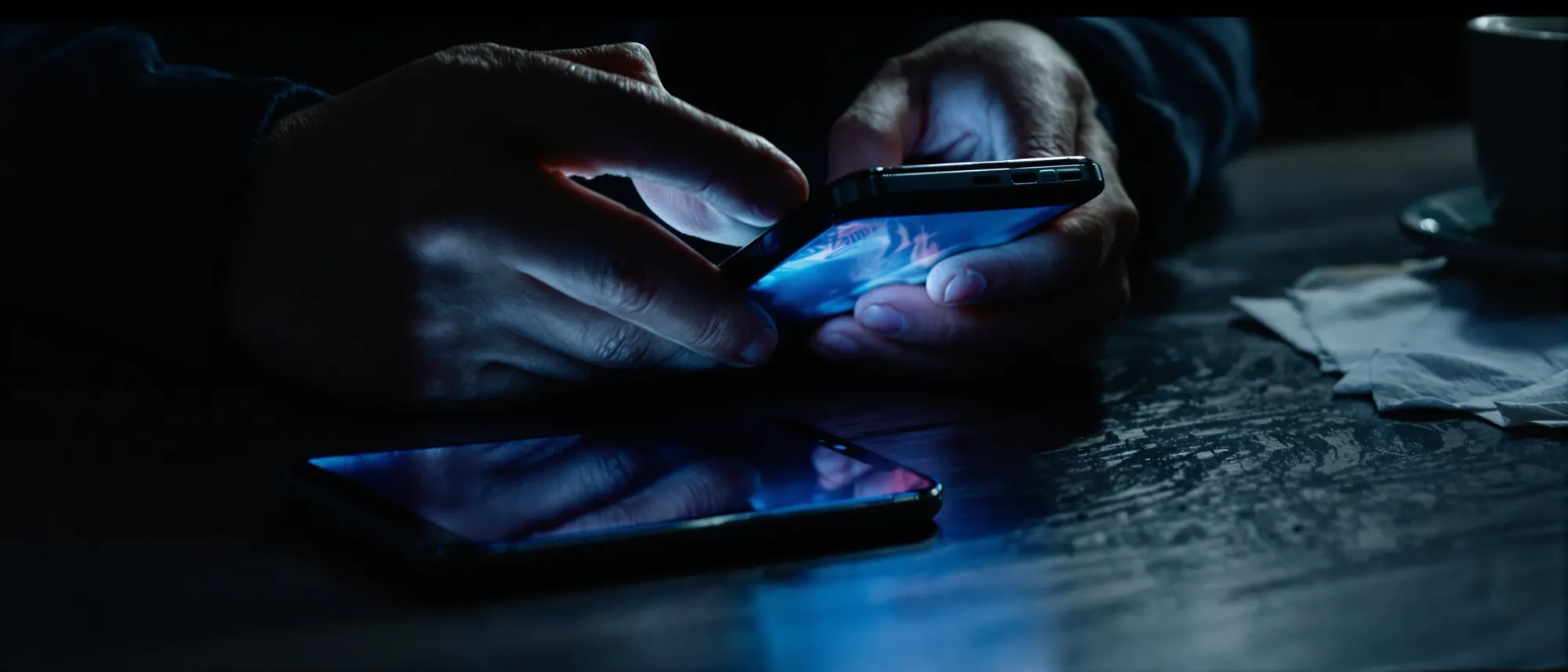 Mãos tensas segurando um celular sobre a mesa